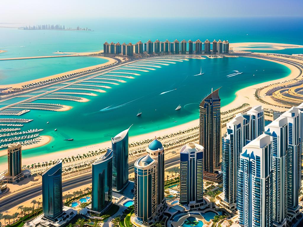 Остров Пальма Джумейра и небоскребы Дубай Марина в солнечный летний день