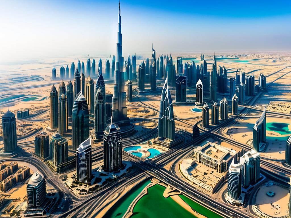 Панорамный вид на даунтаун Дубая с Бурдж Халифа в солнечный зимний день