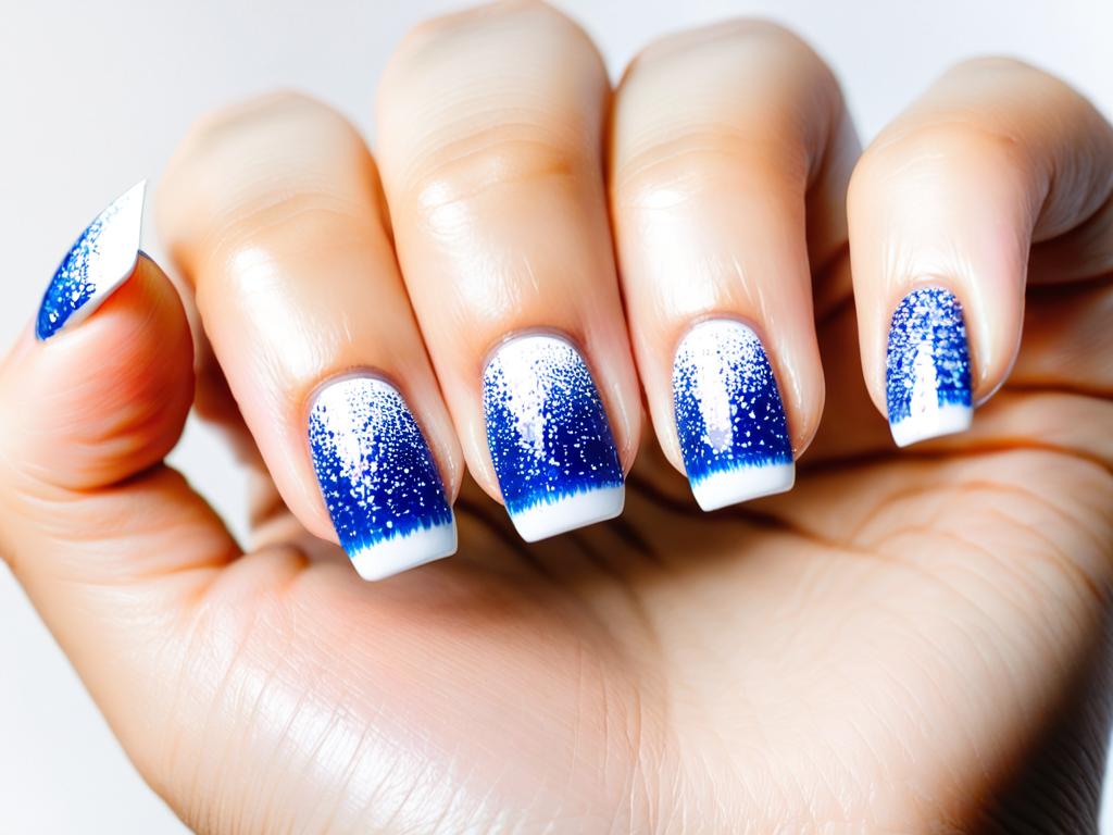 Рука девушки с короткими ногтями в стиле френч с синими кончиками