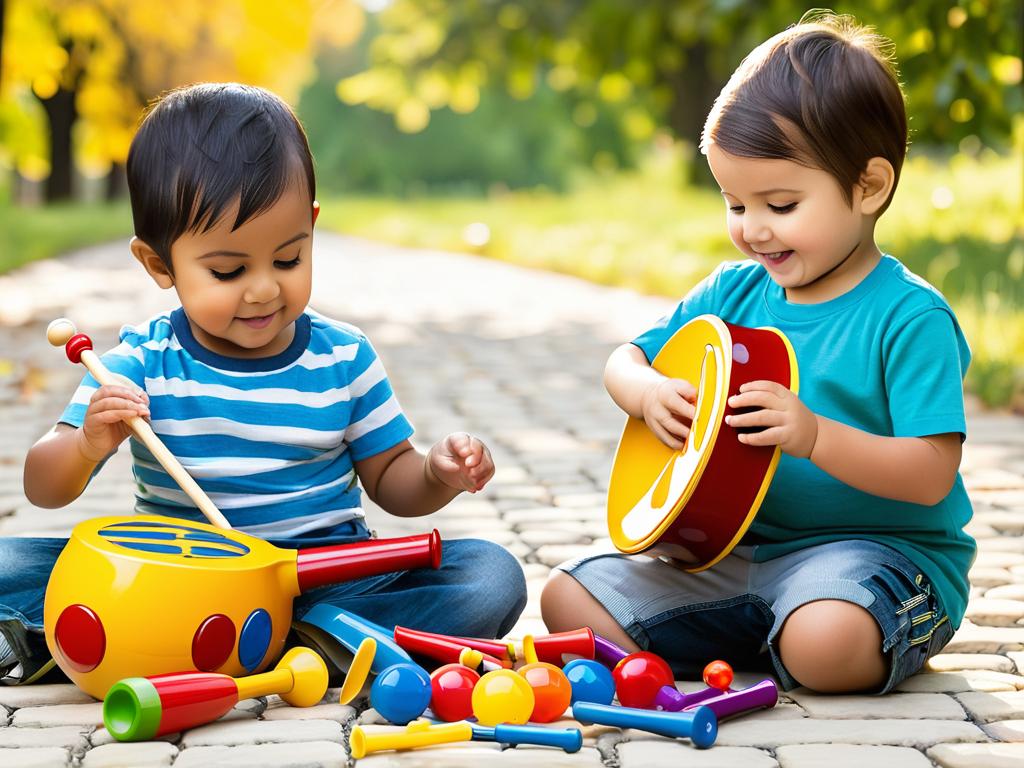 Мальчик 4 лет играет на музыкальных игрушках