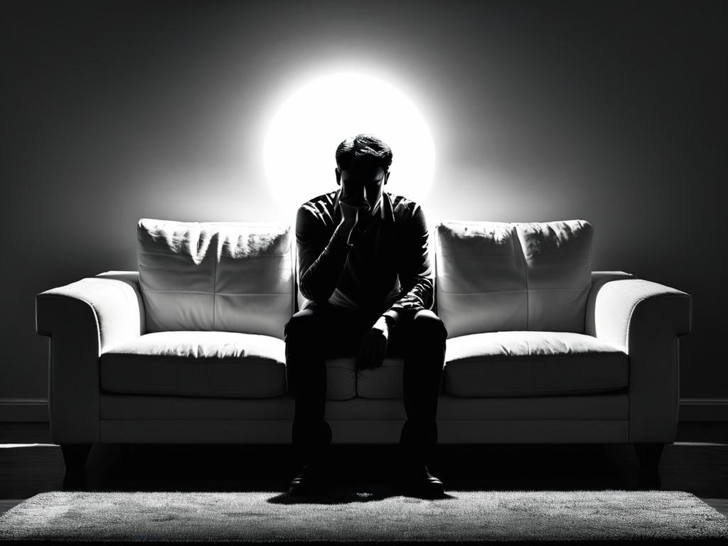 Силуэт одинокого грустного мужчины сидящего на диване