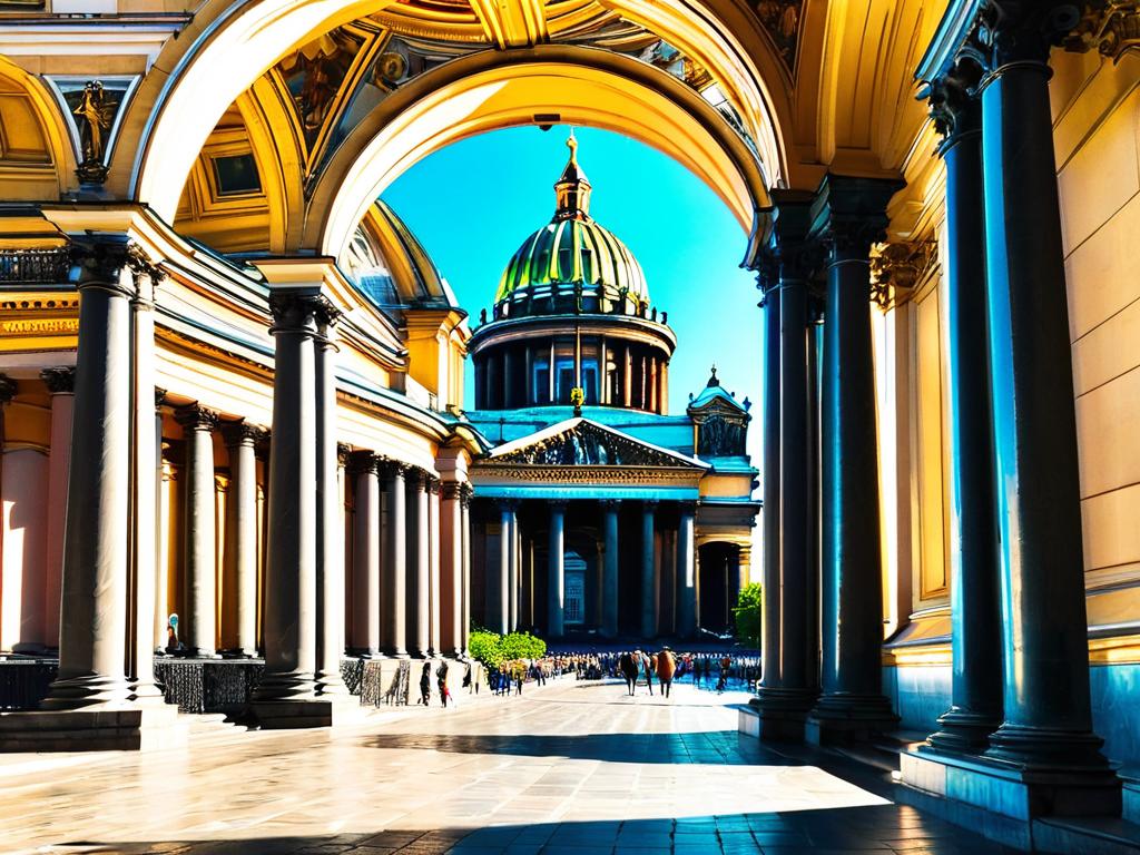 Вид на купол и колоннаду Исаакиевского собора в солнечный день