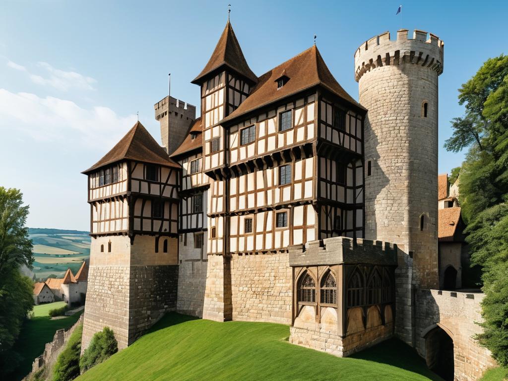 Фасад средневекового замка с выступающими постройками-эркерами