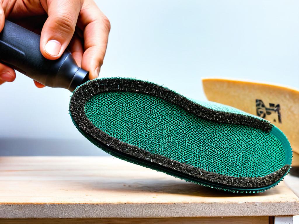 Приклеивание абразивной сетки на подошву ботинка для улучшения сцепления