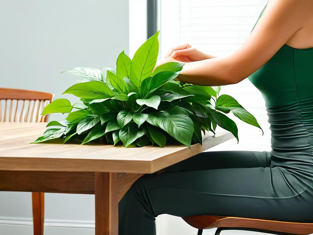 Женщина использует комнатное растение как опору для спины