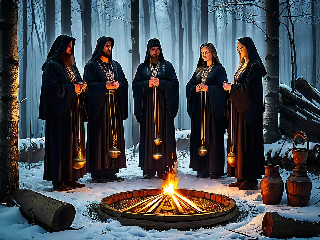 Обряд жертвоприношения перед фигурами славянских языческих богов