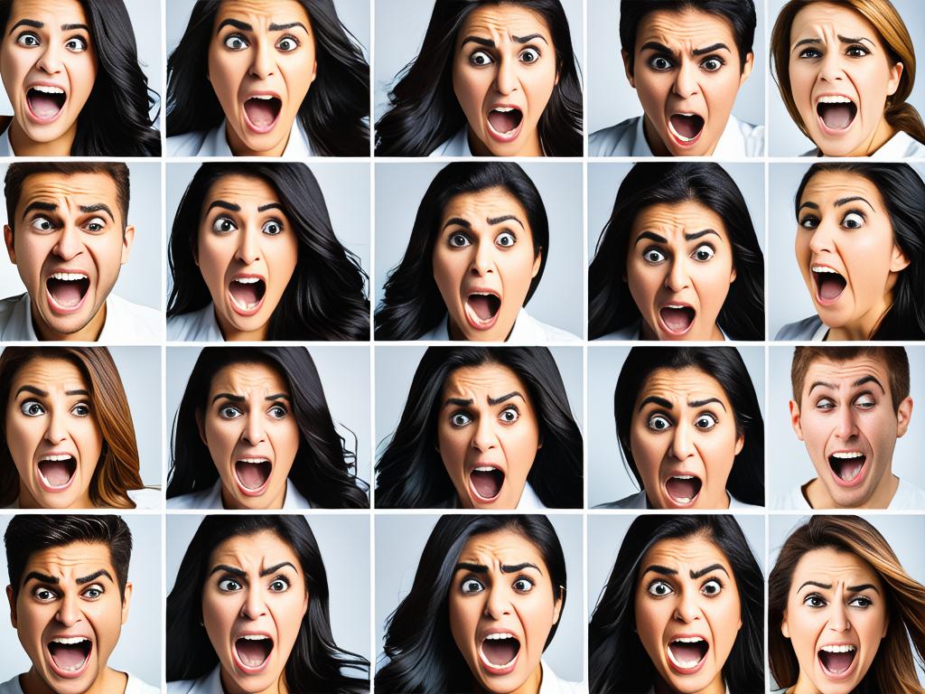 Коллаж фотографий с различными эмоциональными выражениями для иллюстрации расстройств настроения