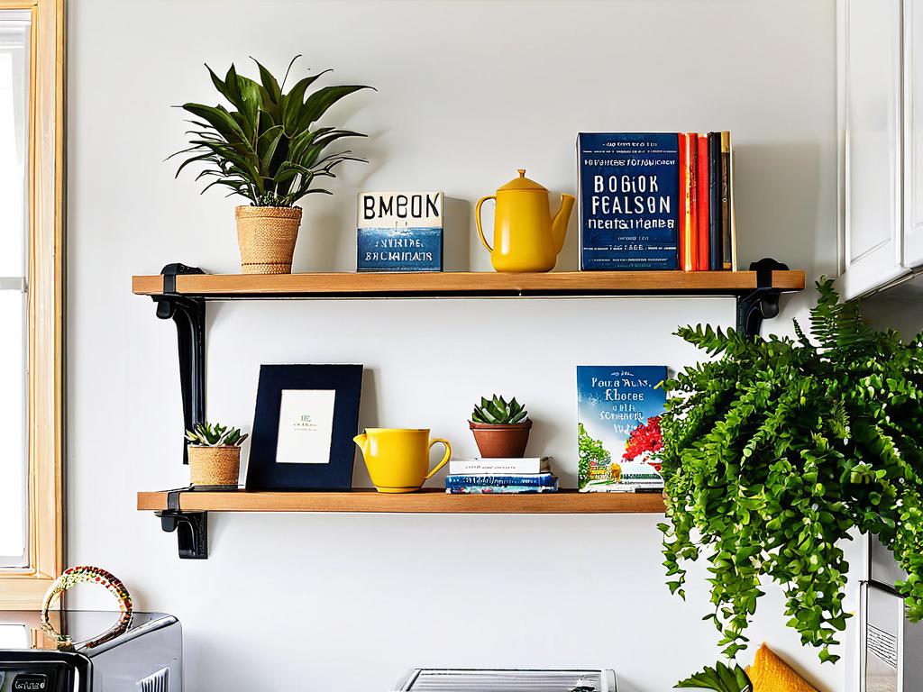 Полки над холодильником с книгами, декором и растениями