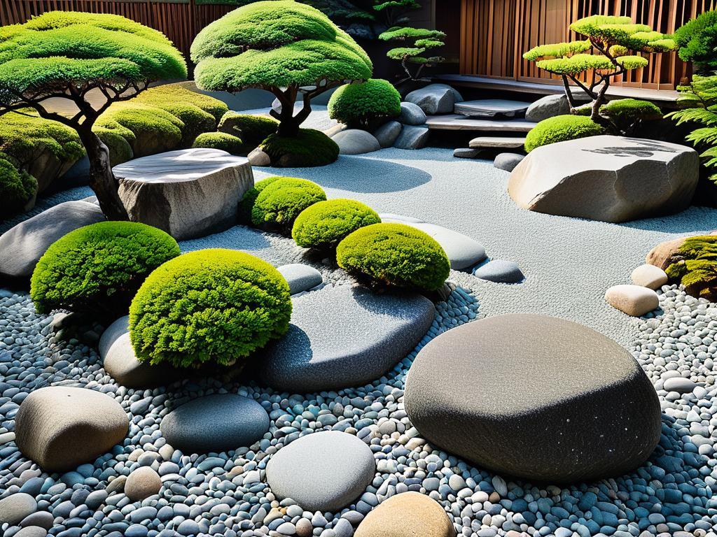 Красивый небольшой японский сад камней со замысловатым узором на гальке