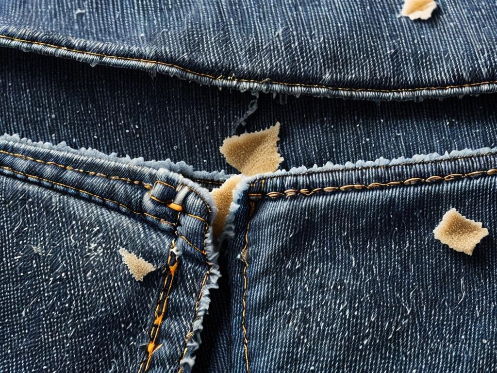 Засохшие комки монтажной пены на джинсовой ткани с видимым повреждением волокон