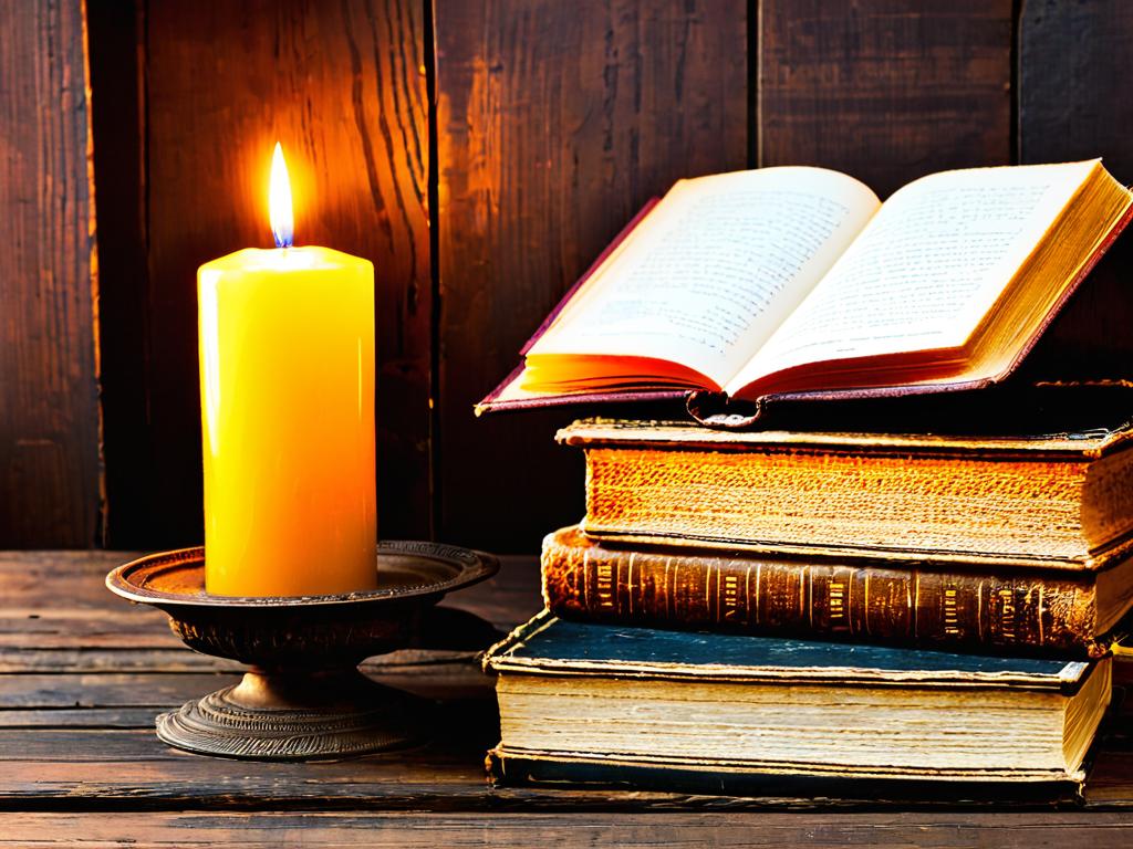 Старинные книги и свеча на деревянном столе