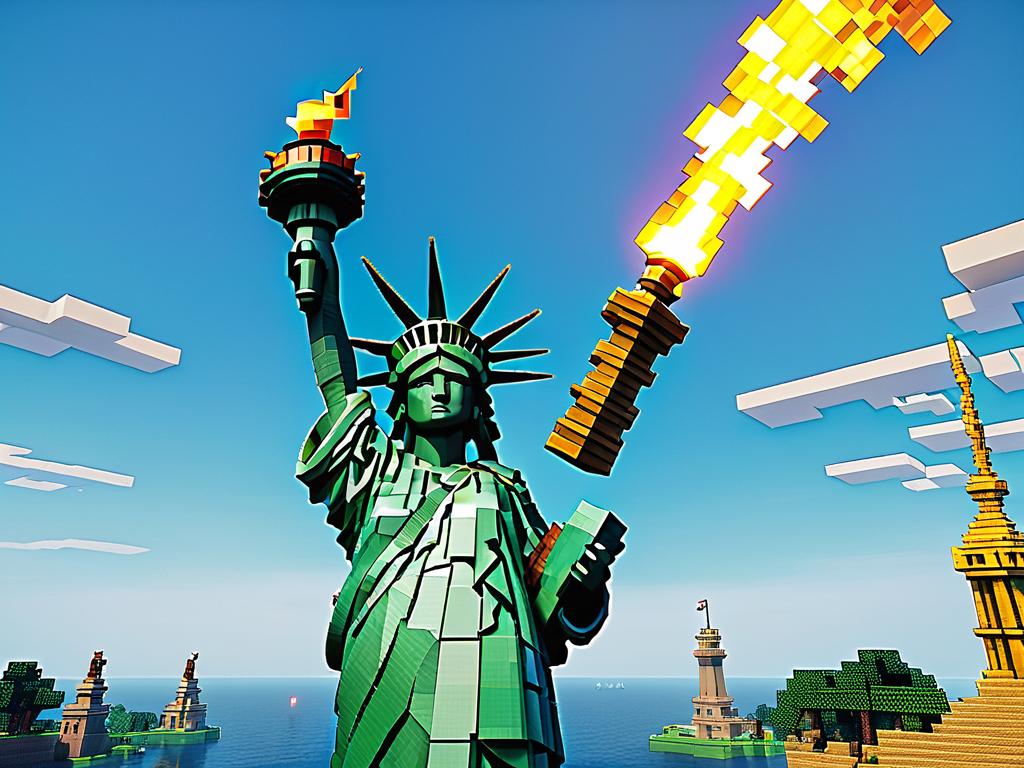Статуя Свободы в стиле Minecraft держит факел в руке