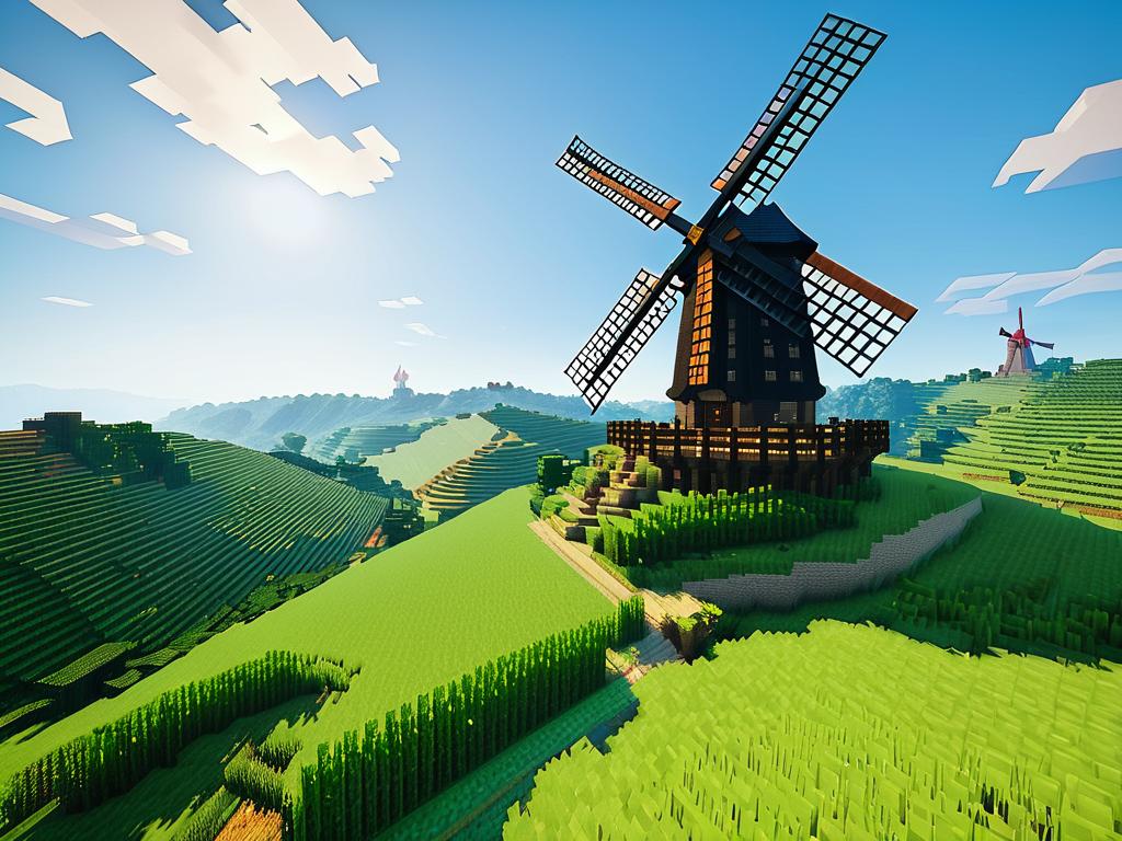 Большая ветряная мельница на холме рядом с пшеничным полем в Minecraft
