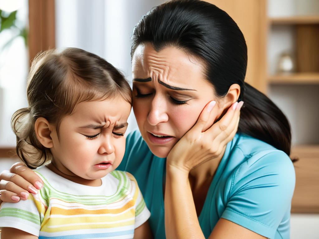 Мама утешает плачущего ребенка с болями в ухе