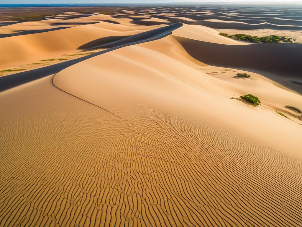Вид с высоты на песчаные дюны на юго-западе Мадагаскара. Обширный песчаный ландшафт с гребнями и