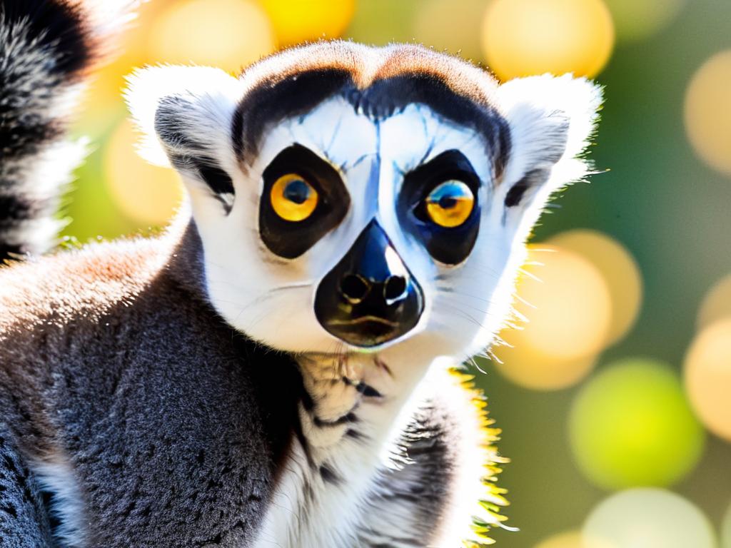 Крупный портрет лемура коцебы на Мадагаскаре. Лемур смотрит в камеру любопытными желтыми глазами.