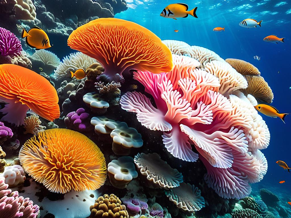 Розовые, оранжевые и белые мозговые кораллы под водой с плавающими рыбами