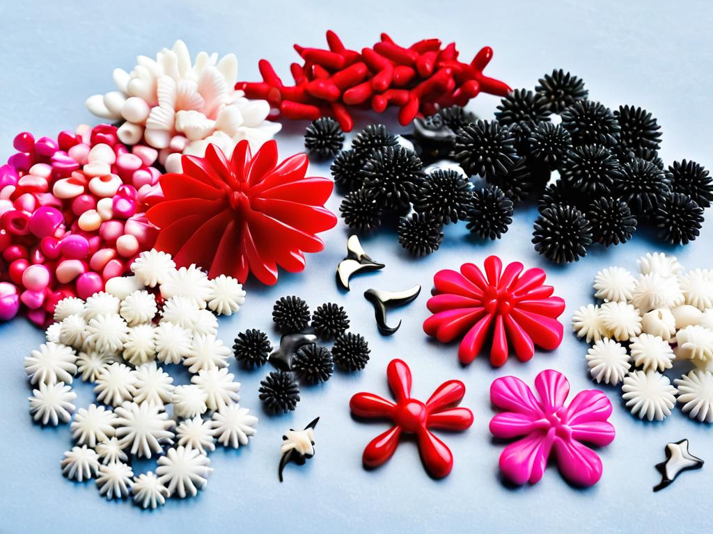 Ассортимент кусочков красных, розовых, белых, черных кораллов на столе