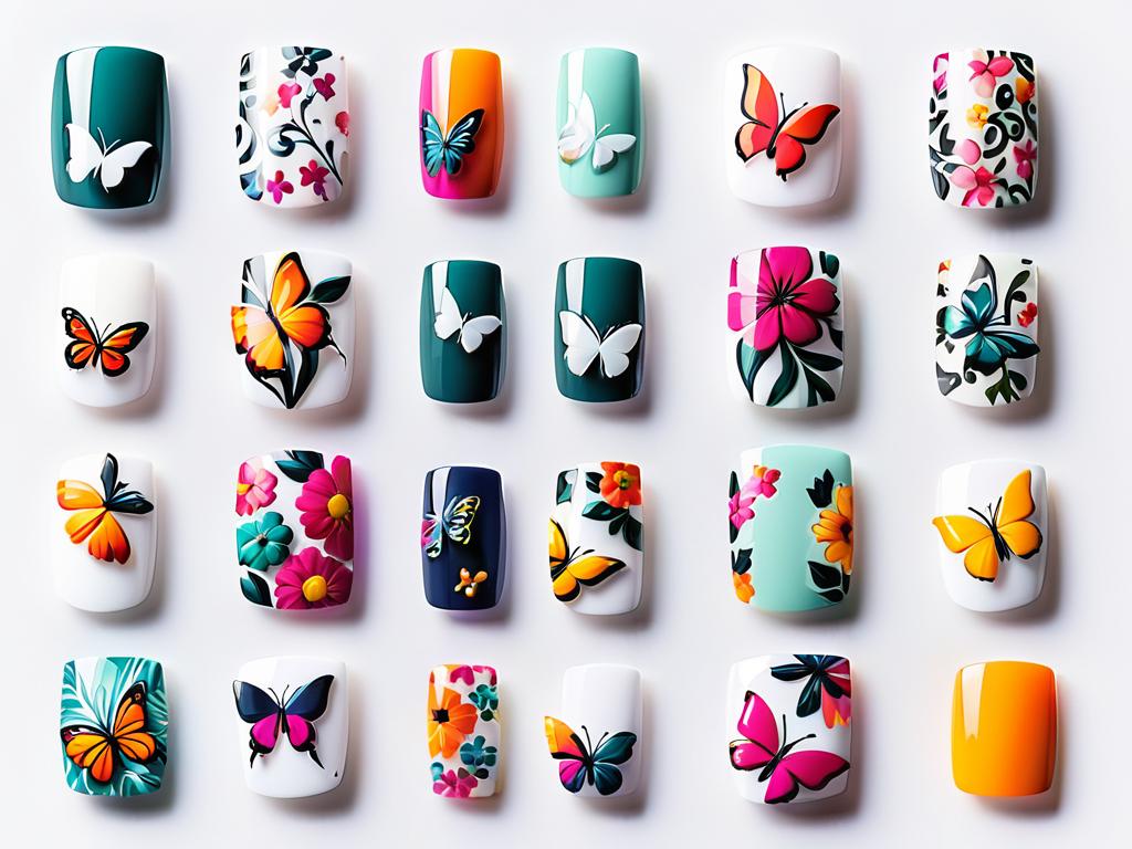Разнообразные рисунки для маникюра: цветы, бабочки, абстрактные узоры на накладных ногтях