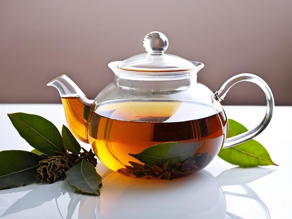 Стеклянный чайник с чаем из лаврового листа