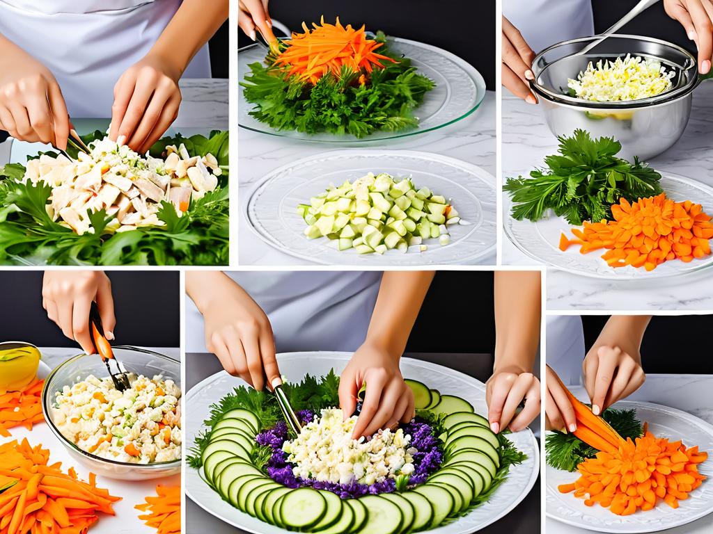 Пошаговый процесс приготовления салата купеческого с курицей и овощами, украшение цветами из моркови