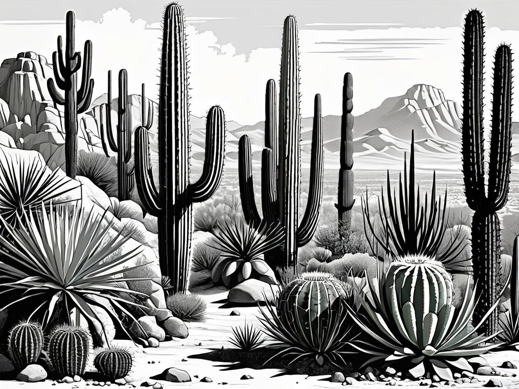 Старая иллюстрация, изображающая кактусы различных форм и размеров, растущие в пустынном ландшафте