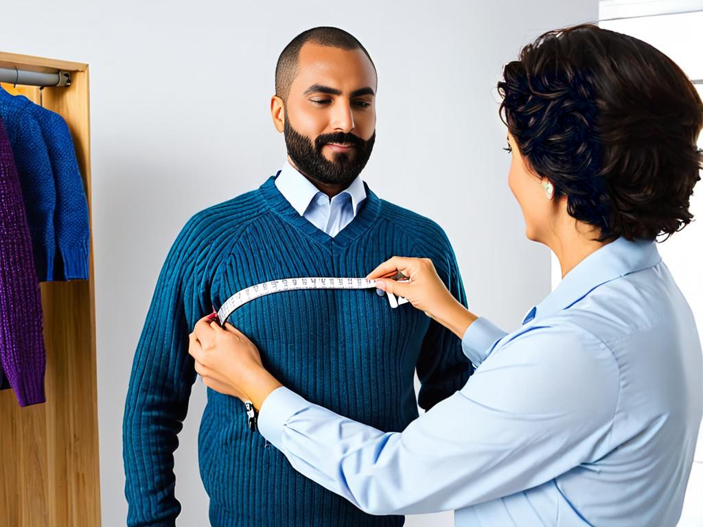 Снимают мерки для вязания мужского свитера