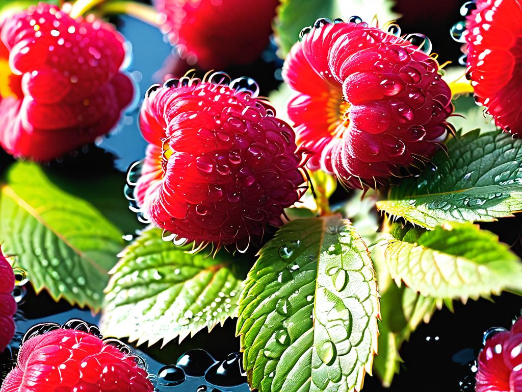 Крупный план спелых ягод малины Херитейдж с каплями воды