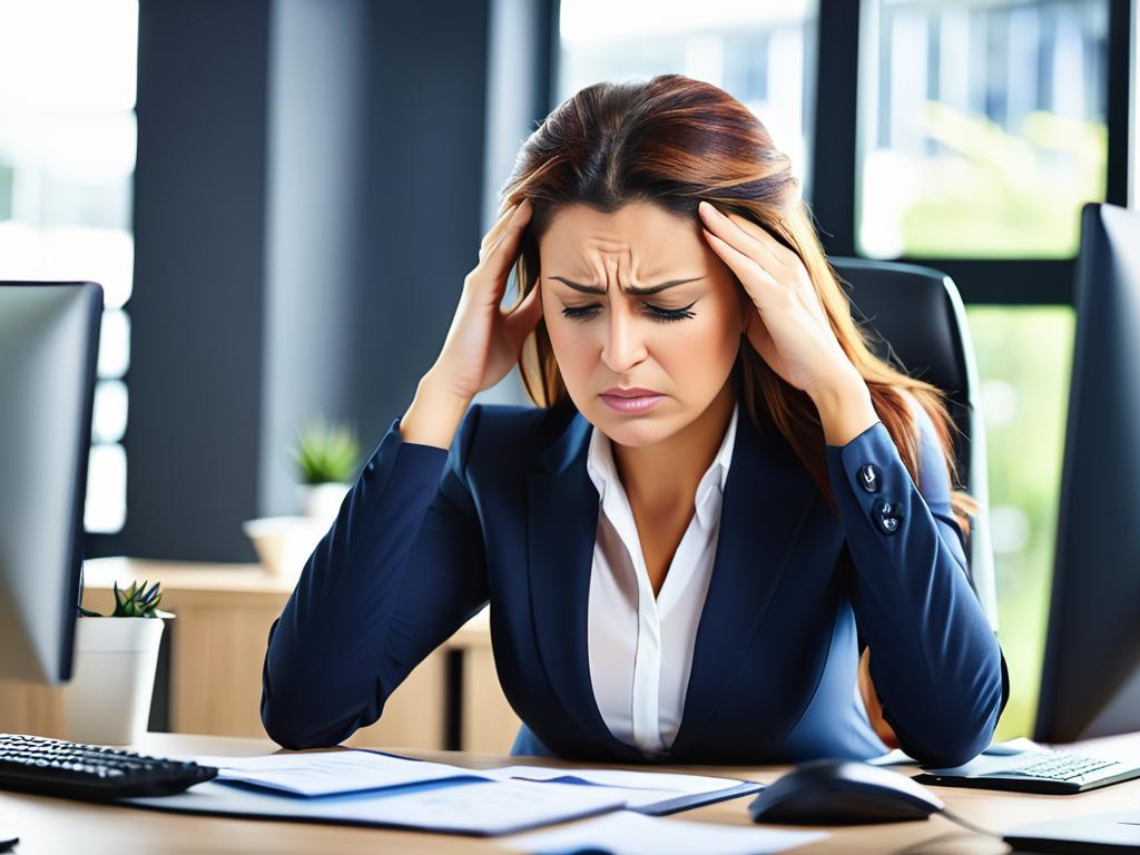 Занятая бизнесвумен испытывает стресс во время работы за компьютером в современном офисе.
