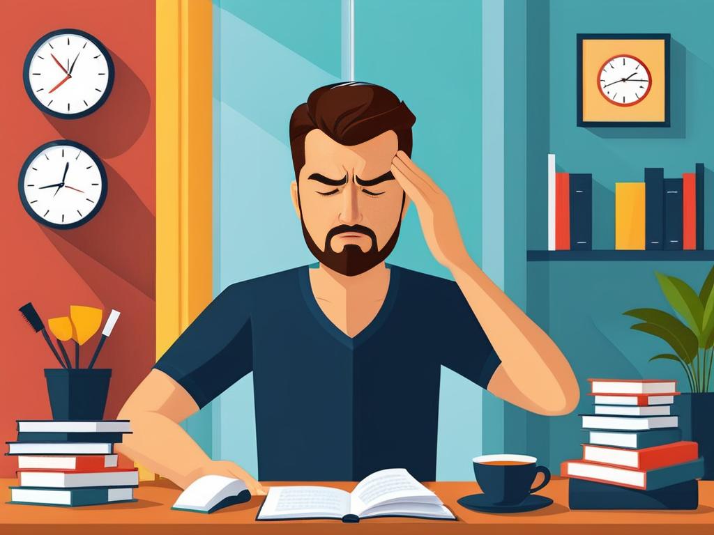 Изображение стрессующегося несчастного мужчины с головной болью и мигренью, иллюстрация плоским