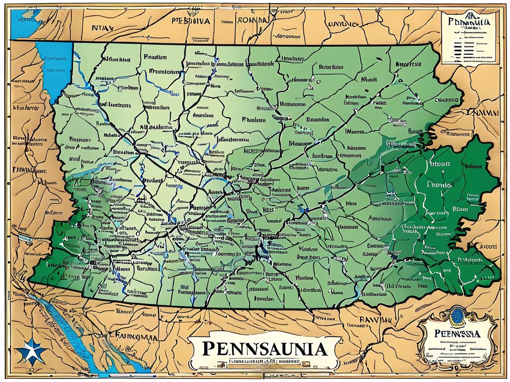 Подробная карта Пенсильвании с городами, реками, горами и границами