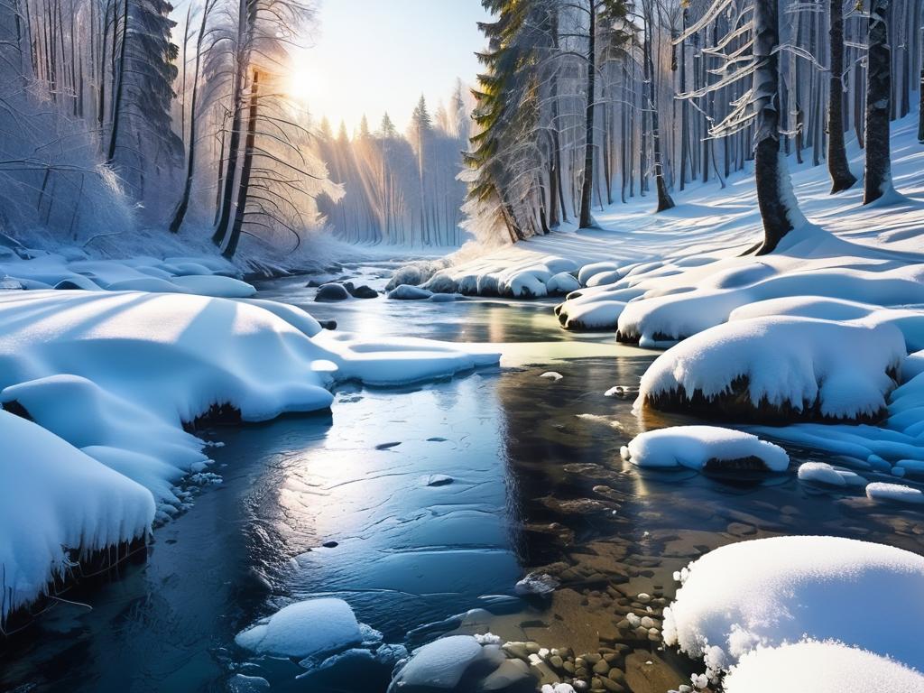 Зимний солнечный лес с снегом и замерзшей рекой