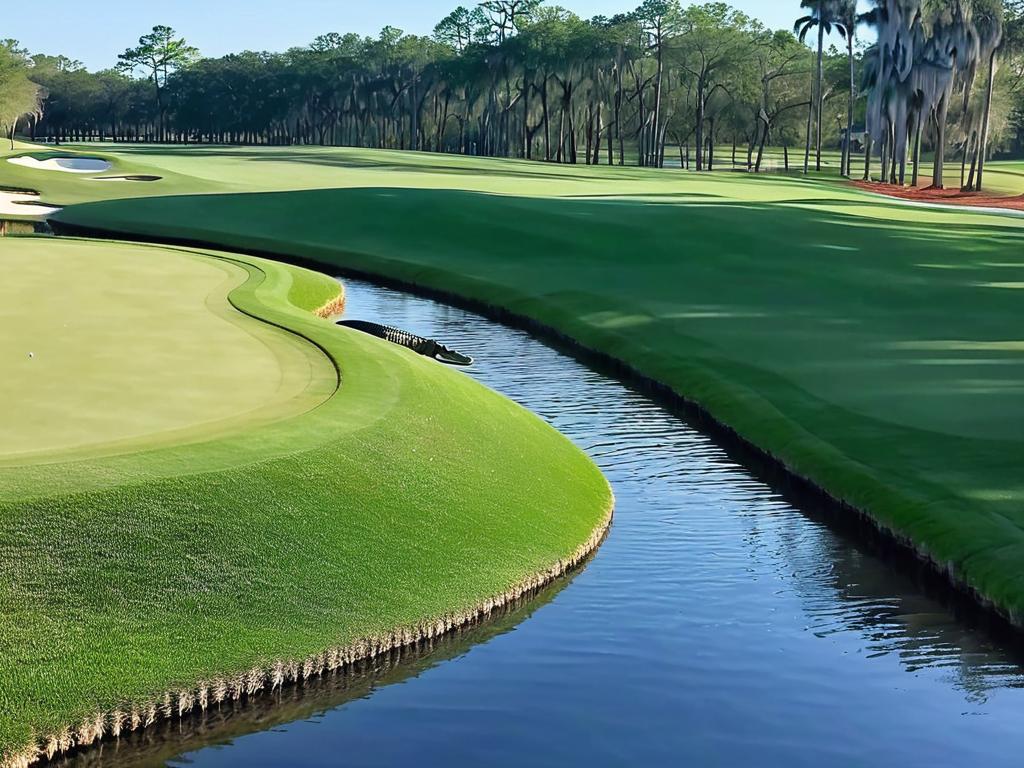 Огромный аллигатор, замеченный на гольф-поле во Флориде рядом с не подозревающими ничего игроками