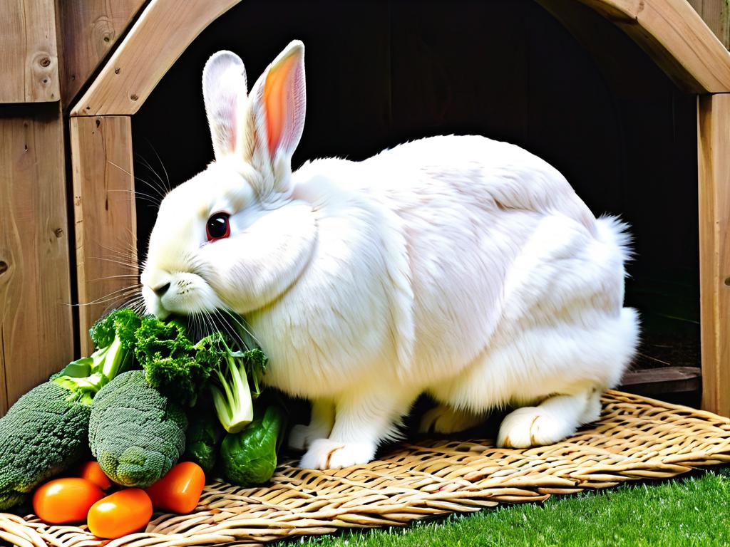 Крупный вислоухий кролик в профиль свешивающейся шерстью ест овощи
