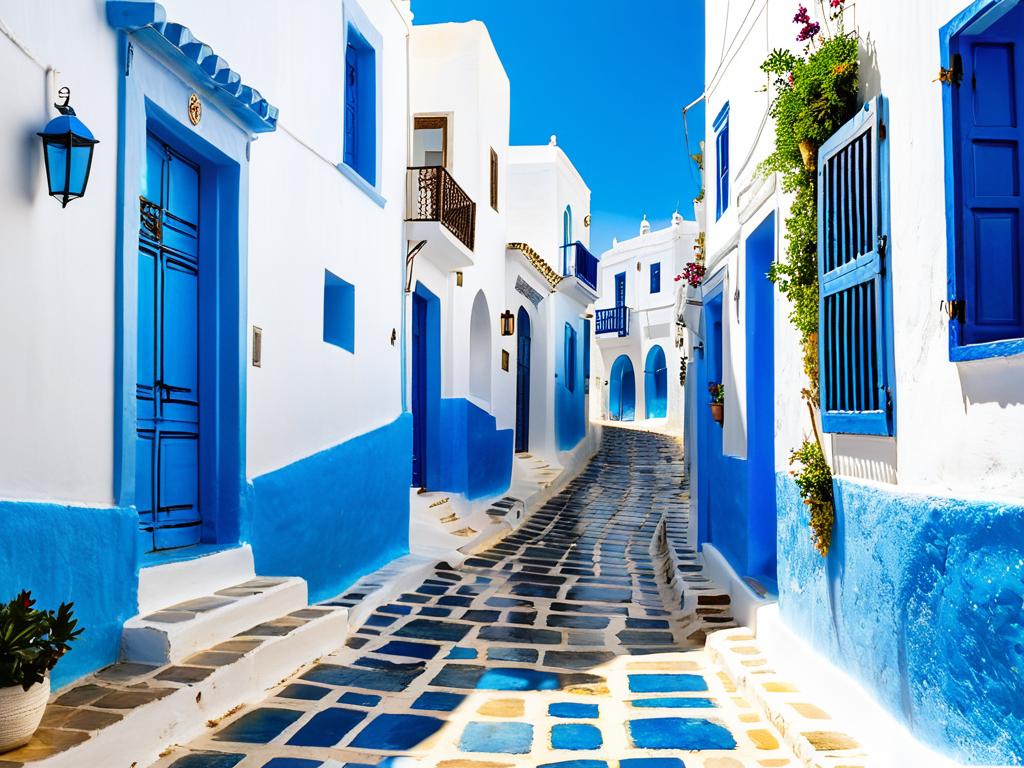 Солнечная средневековая улица в городке Сиди-Бу-Саид в Тунисе с традиционными бело-голубыми домами