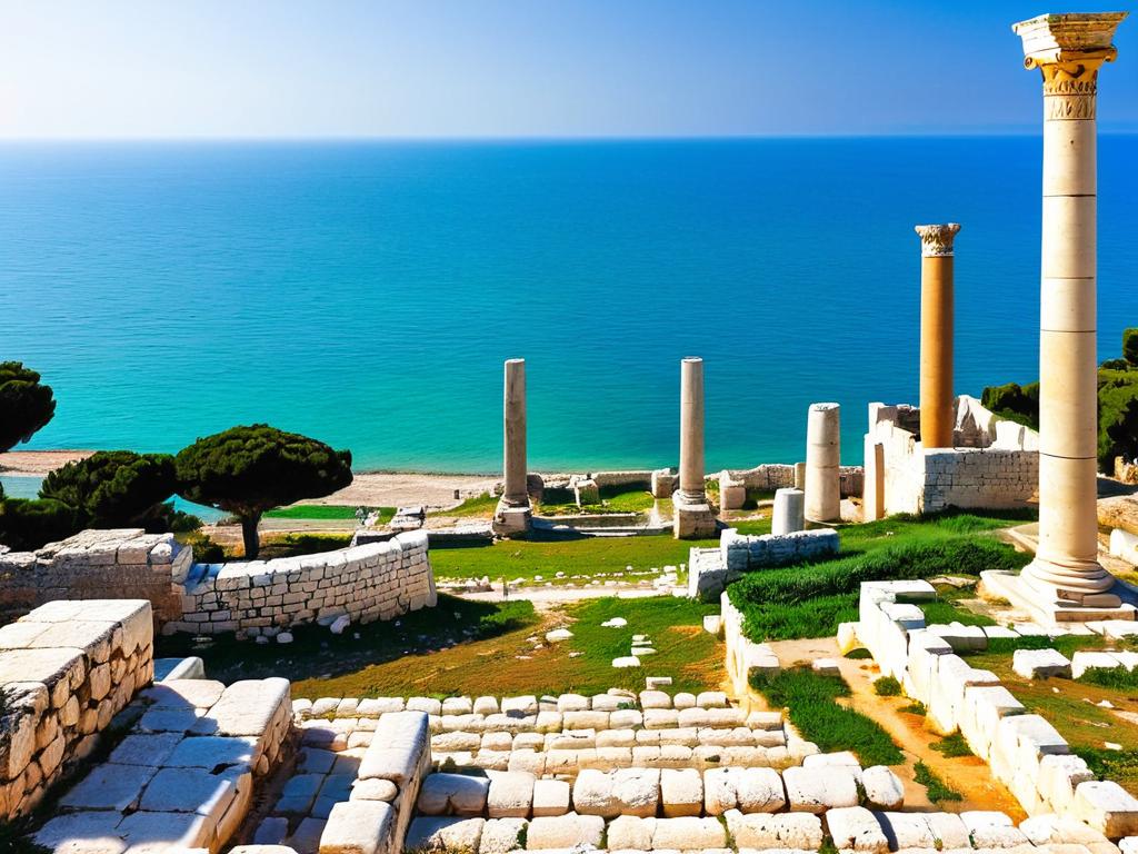 Древние римские руины Карфагена возле современного Туниса с остатками колонн и видом на Средиземное