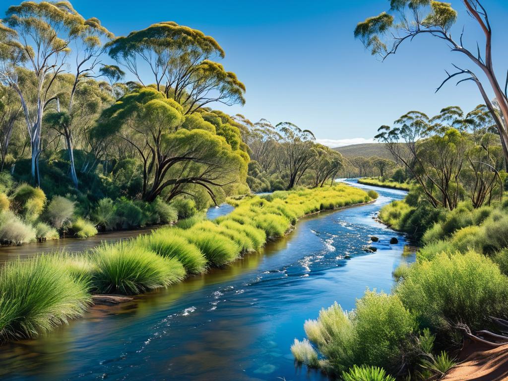 Извилистая река с деревьями и кустарниками, растущими на ее берегах, под ярко голубым небом в