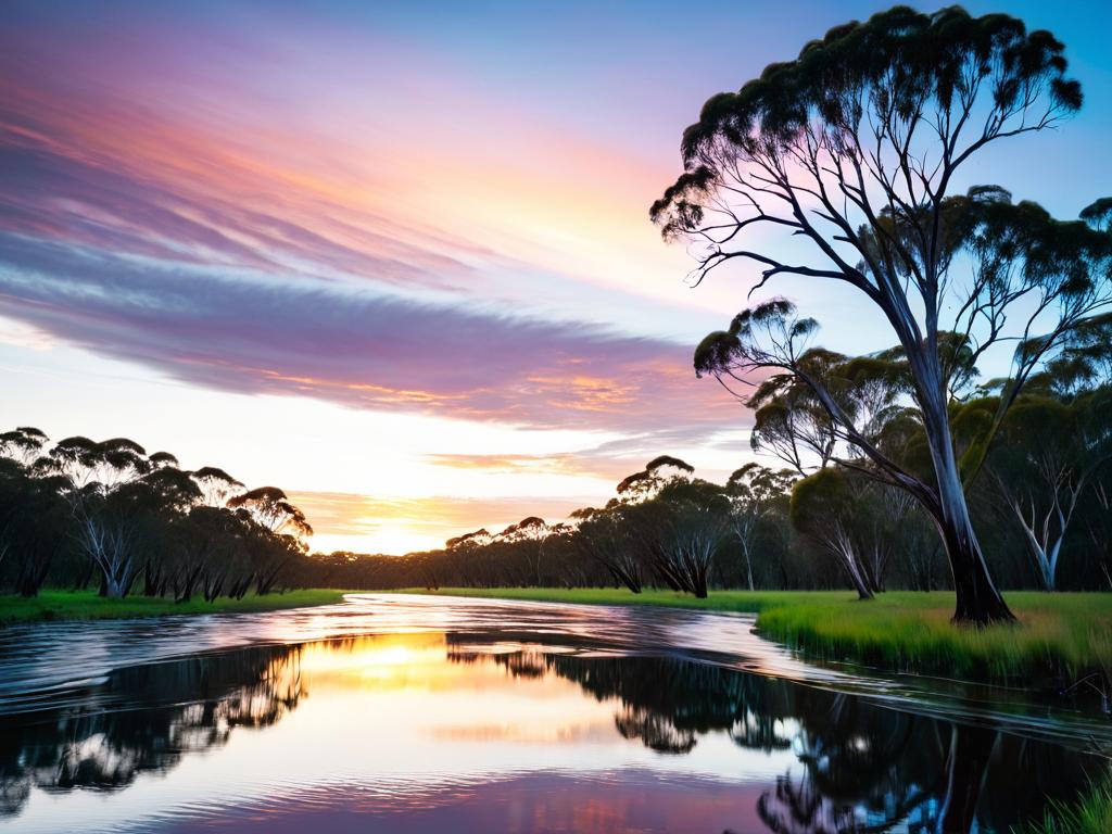 Закат над широкой медленной рекой в Австралии с деревьями, отражающимися в спокойной воде
