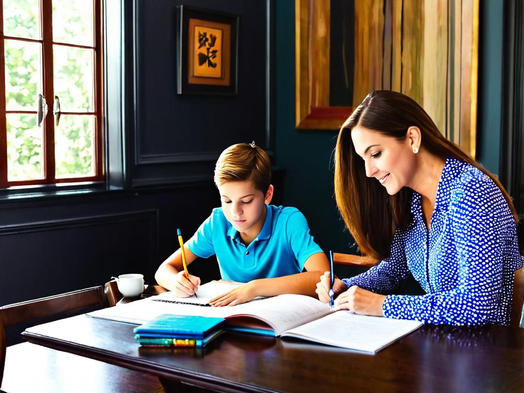 Мама и сын-подросток делают домашнее задание за обеденным столом дома