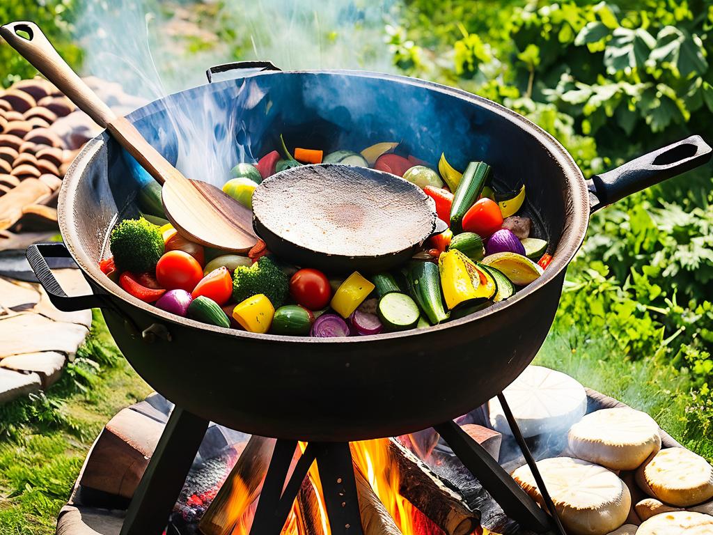 Сковорода садж с мясом и овощами на открытом огне