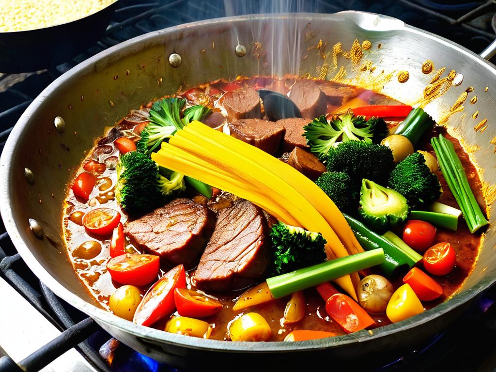 Мясо и овощи, обжаривающиеся в горячем садже на открытом огне