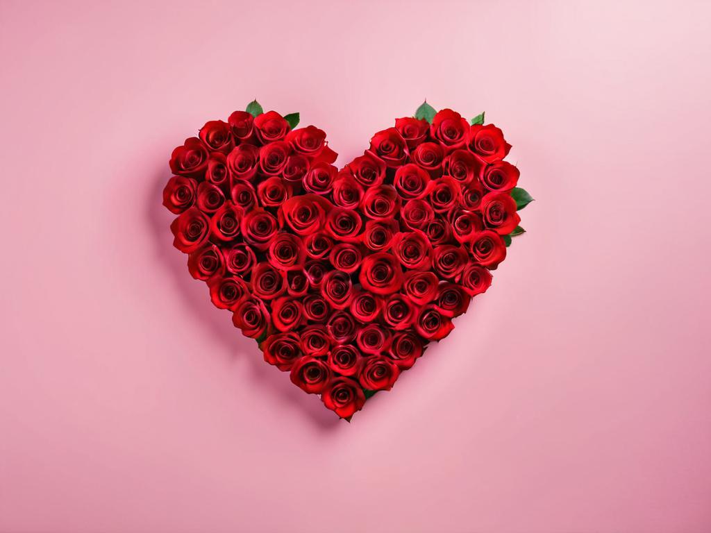 Красное сердце из роз на розовом фоне