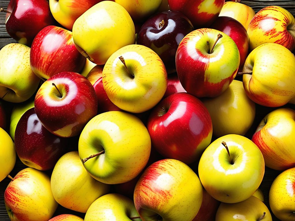 Куча желтых и красных яблок на деревянном столе