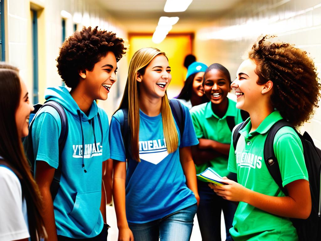 Подростки разговаривают и смеются в школьном коридоре