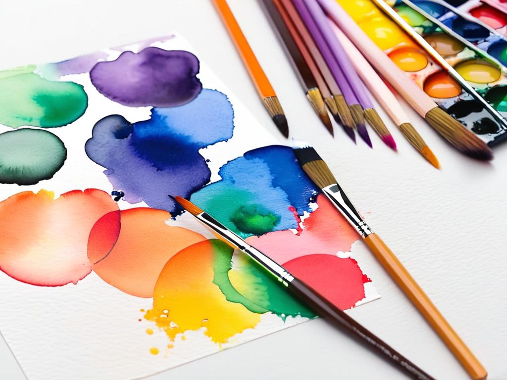 Фото акварельных красок в нескольких цветах с кисточками на бумаге рядом с цветными карандашами