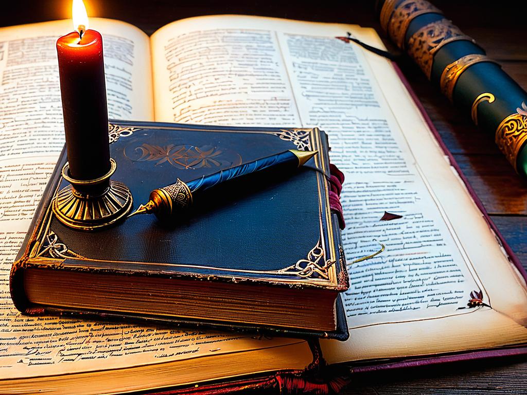Старинная книга с восковой свечой и гусиным пером, символизирующая толкование снов