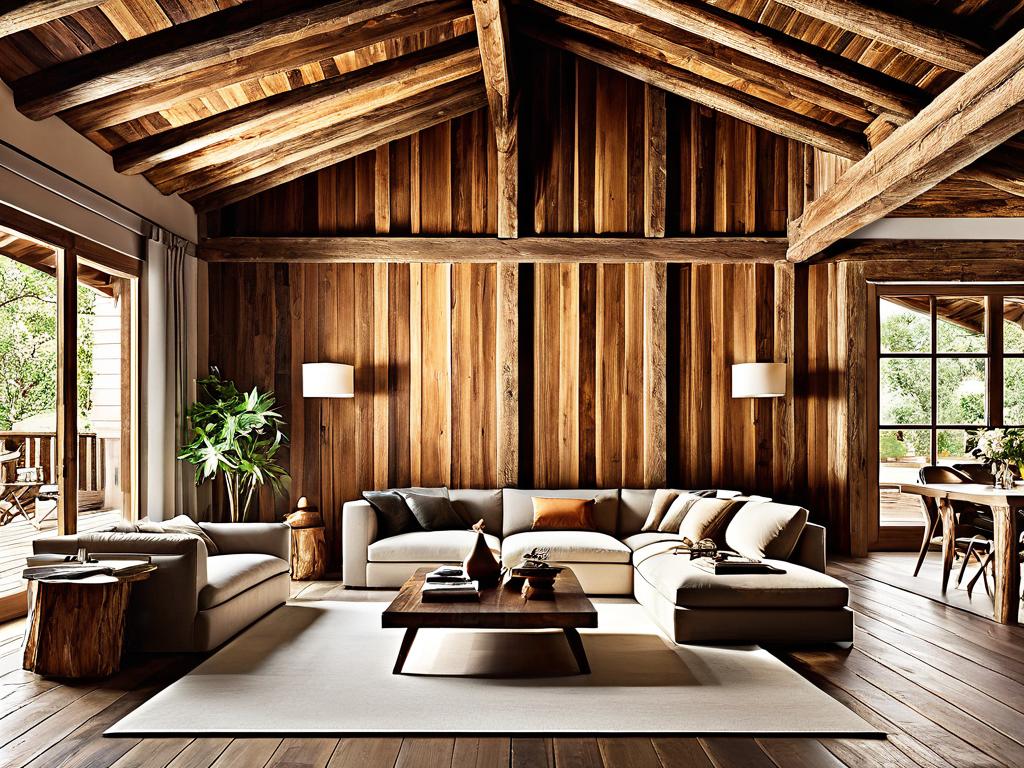 Деревянный интерьер с открытыми балками и деревянной обшивкой стен, создающий натуральный