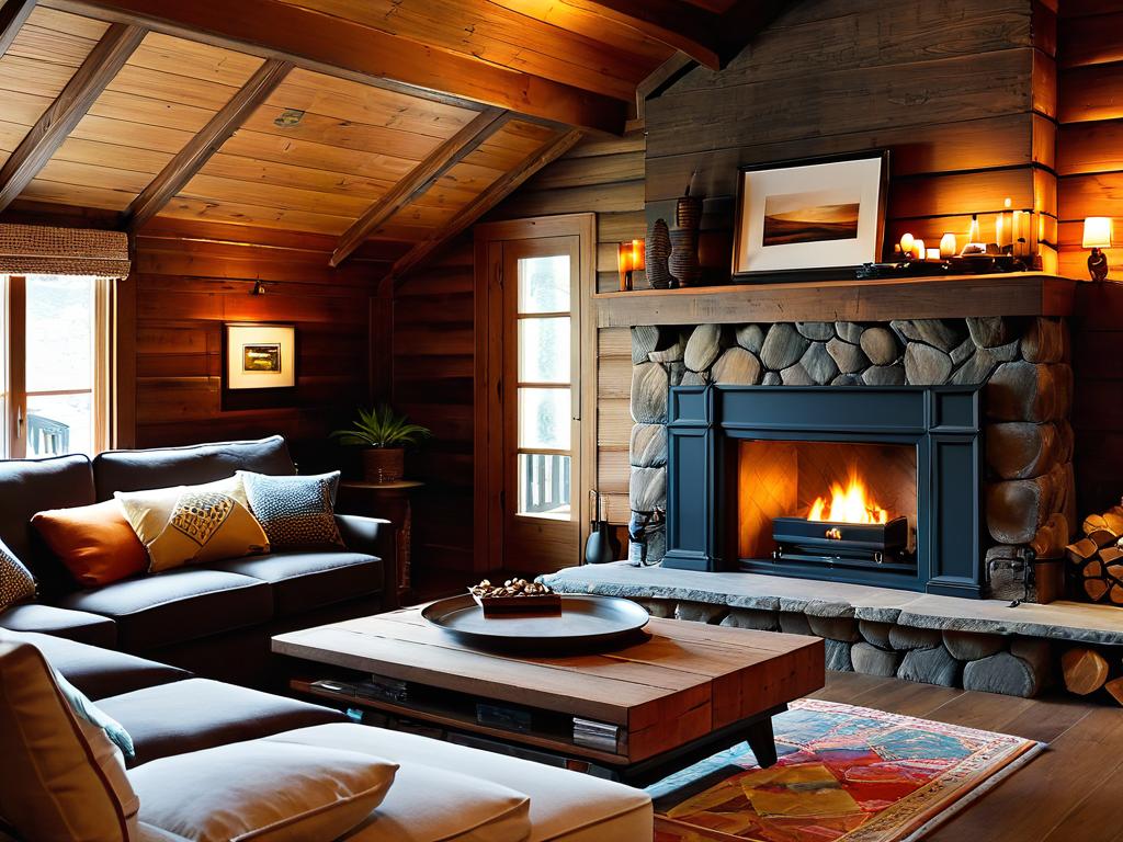 Уютная гостиная с камином, деревянными стенами и мебелью в деревянном доме