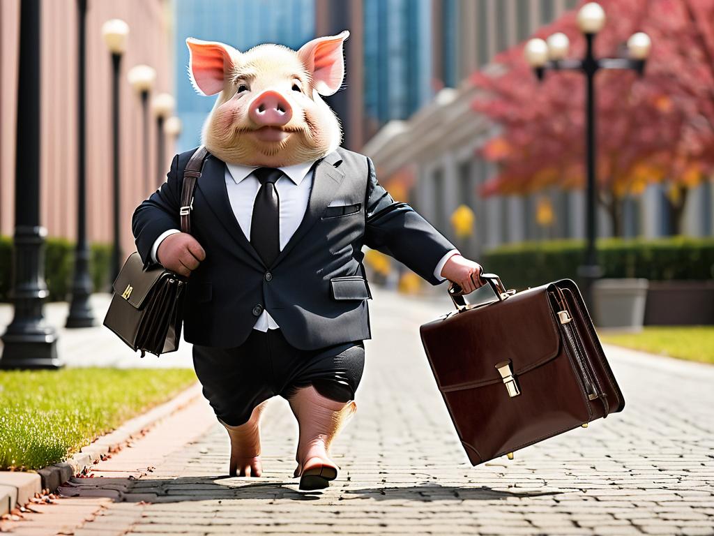 Свинья в костюме с портфелем, символизирующая карьеру