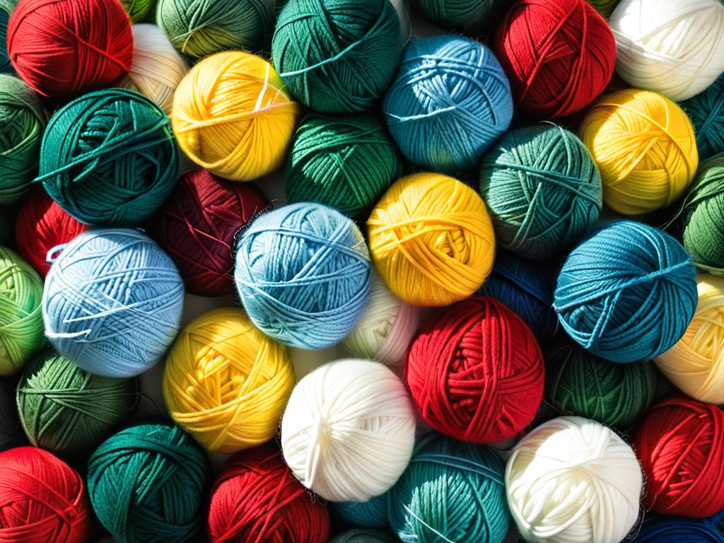 Клубки шерстяной пряжи для вязания. Красные, синие, зеленые, желтые и белые